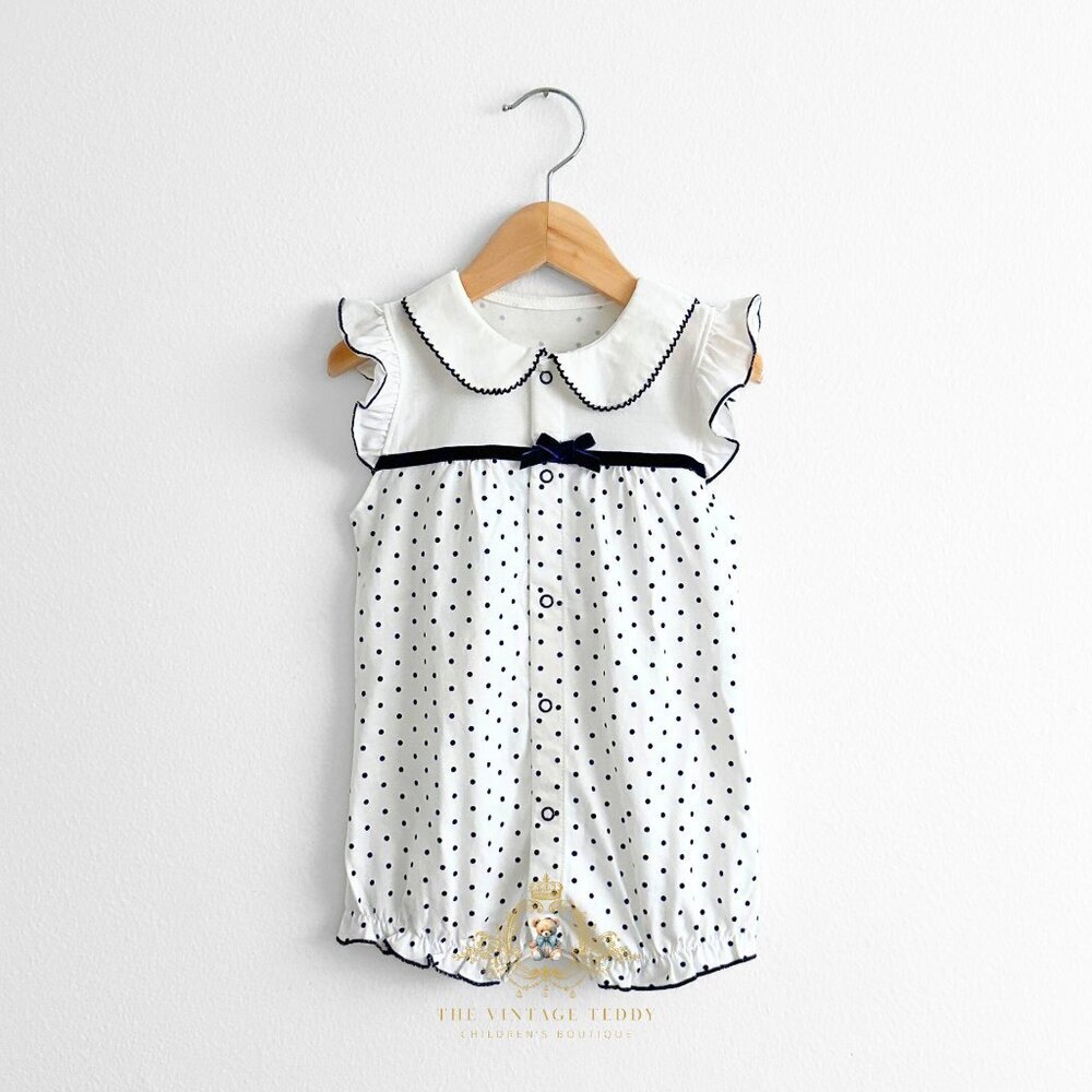 NWT Pretty Girls One-piece Romper Bubble Ruffled Polkadots White & Navy 12-18M